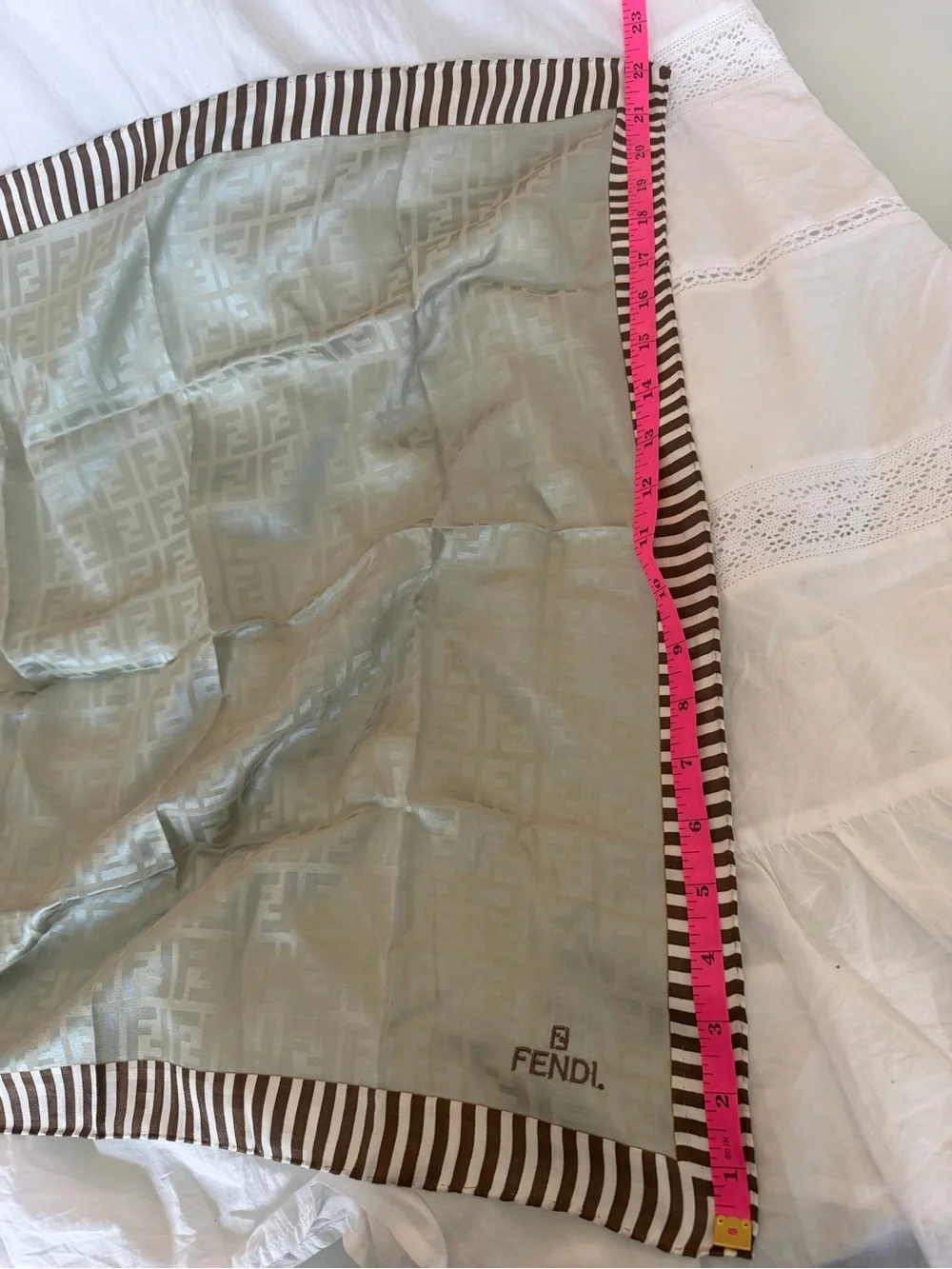 Fendi Monogram Silk Scarf in gray/silver with striped brown Border